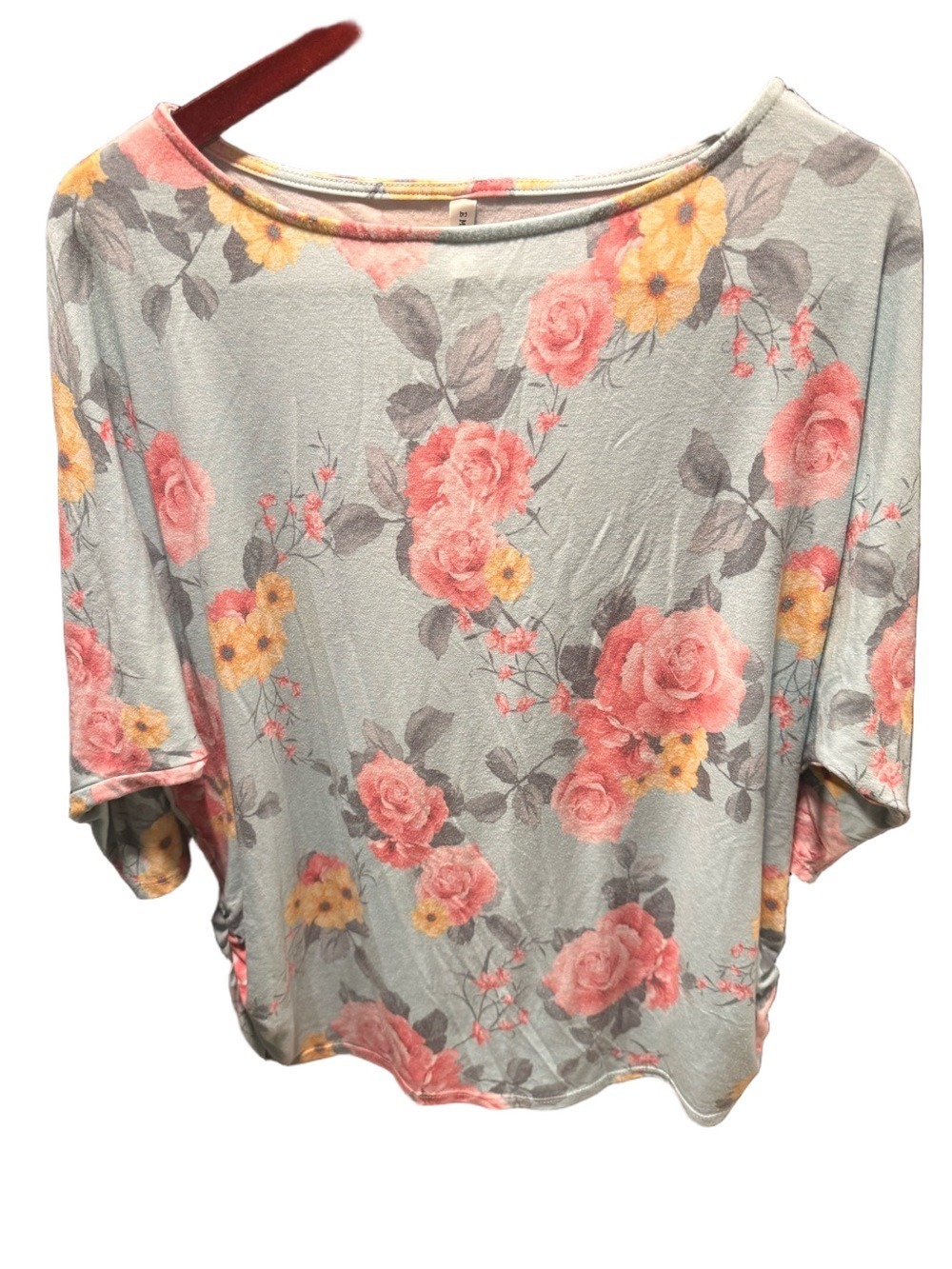 Emerald 1X Mint Floral Side Ruched 3/4 Sleeve Blouse Plus Size